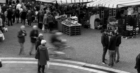 talking at open air market