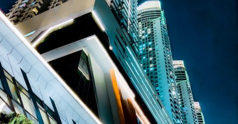 Glowing neon building at night