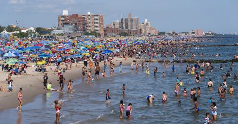 Urban beach scene on a hot summer day