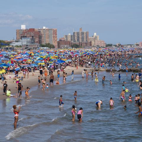 Urban beach scene on a hot summer day